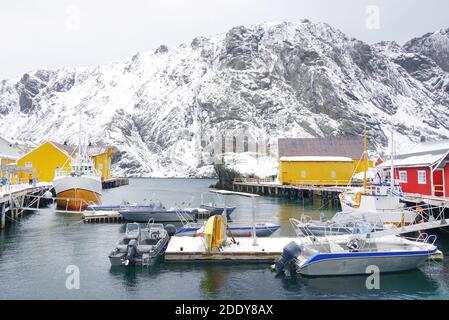 Nussfjord village, Lofoten Islands. Norway`s historic fishing village on the water, Europe Stock Photo